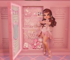 a barbie doll standing in front of a pink room