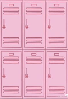 pink lockers are lined up in rows with one door open and the other closed