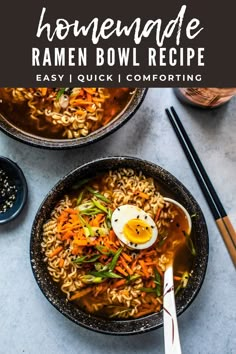 two bowls of homemade ramen bowl recipe with chopsticks and an egg on top