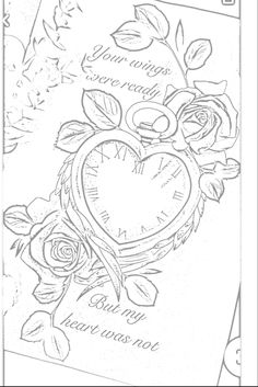 a coloring page with roses and a heart shaped clock on the front, in black and white