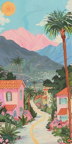 a painting of a street with palm trees and mountains in the background