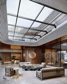 an elegant living room with modern furniture and large glass windows on the ceiling above it