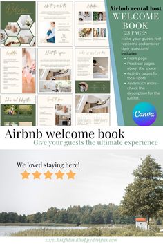 the arnhb welcome book is displayed in front of an open field with trees and water