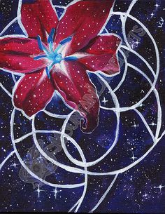 a painting of a red flower with stars in the background