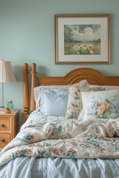 a bed with blue and white comforter in a bedroom next to a painting on the wall