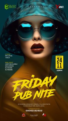 the poster for friday pub nite featuring a woman with blue glasses and a hat