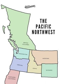 a map of the pacific northwest with states labeled in different colors and names on it