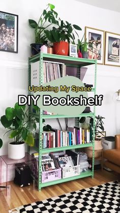 a green book shelf filled with lots of books