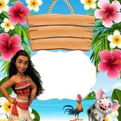 a cartoon character is standing in front of a sign with flowers and animals around it