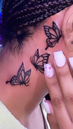 Butterfly neck tattoo Face Tattoos For Women, Girl Neck Tattoos, Throat Tattoo, Hand Tattoos For Girls, Cute Hand Tattoos, Pretty Hand Tattoos, Butterfly Tattoos For Women, Handpoke Tattoo