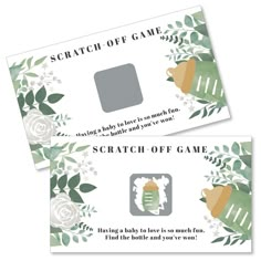 two matching scratch - off game cards with flowers and teapots on the front