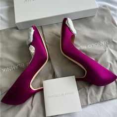 Brand New Size 37, Never Worn And Comes With Two Dust Bags And Box. Manolo Tag. I’m Actually Selling Because It’s A Little Bit Big For Me, Got A Size 36.5 It Was Too Tight, Returned It And Now 37 Is Big. Pass Return Date Chic Silk Heels, Luxury Fitted Silk Heels, Elegant Purple Evening Heels, Chic Silk Party Heels, Designer Silk Heels With Pointed Toe, Luxury Silk Heels For Party, Fitted Silk Heels For Evening, Chic Silk Heels For Wedding, Chic Silk Heels With Pointed Toe