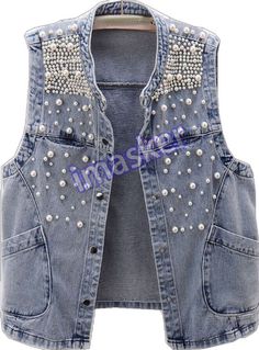 Fitted Beaded Vest For Spring, Spring Fitted Beaded Vest, Spring Beaded Fitted Vest, Sleeveless Denim Vest, Beaded Jacket, Denim Vest, Jacket Coat, All Products, Coats Jackets