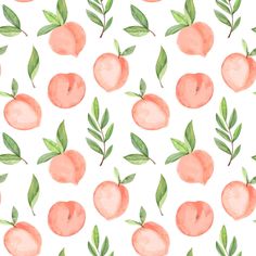 watercolor peaches with green leaves on a white background seamless wallpaper pattern