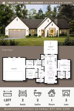 the floor plan for a house with three bedroom, two bathrooms and an attached garage