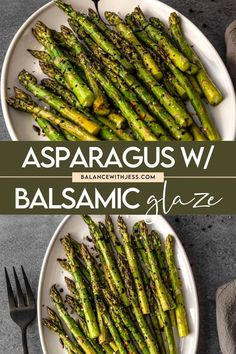 asparagus with balsamic glaze on a white plate