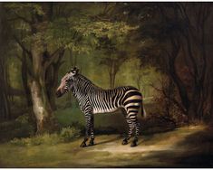 a painting of a zebra standing in the middle of a wooded area with trees and bushes