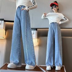 Girls Wide Leg Pants Spring 2024 New Loose Fashion Blue Jeans for Kids Casual All-match Teenage Kids Jeans Girls, Insulated Jeans, Fashion Teenage School, Girls Jeans Fashion, Trousers For Girls, Retro Pants, Trouser Outfits, Kids Denim, Long Jeans