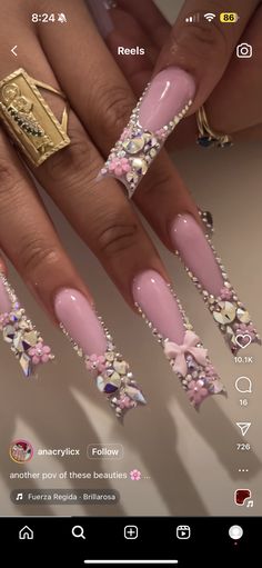 Birthday Bling Nails, Pink Bling Acrylic Nails, Blinged Out Nails, Xl Nails, Acrylic Nail Designs Coffin, Girls Nail Designs, Diy Acrylic Nails