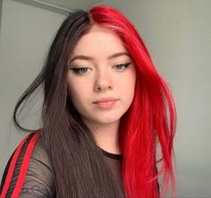 Red Front Hair Streak, Half Black Half Red Hair Short, Split Dyed Hair Red And Brown, Hair Dye Inspiration Brunettes, Half Brown Half Red Hair, Red Split Dye Hair, Red And Black Split Dye, Black And Red Hair, Red Hair Model