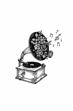 a drawing of an old record player with music notes coming out of it's top