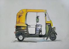 a drawing of a yellow and black scooter with the door open on a white background