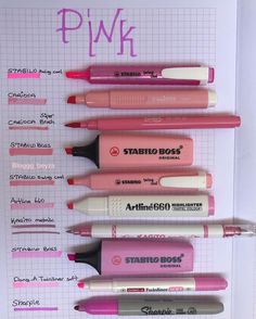 several different types of pens lined up on a piece of paper with the words pink written above them