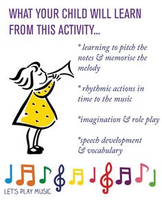 a poster with the words, what your child will learn from this activity and melody