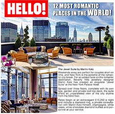 an article in the magazine hello featuring pictures of furniture and cityscape with skyscrapers