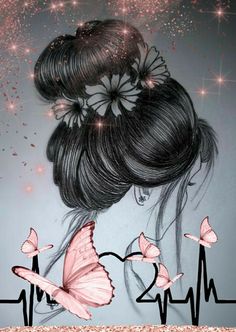 a drawing of a woman's hair with butterflies on it