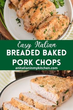 breaded baked pork chops on a plate with parsley