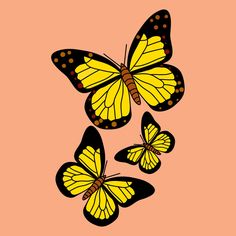 three yellow butterflies flying in the air with dots on their wings and one is black