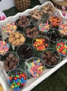 a tray filled with lots of different types of candies on top of green grass