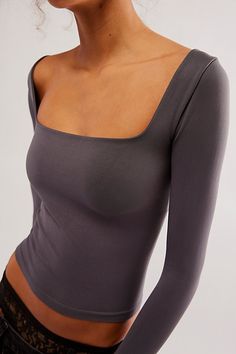 A soft and seamless essential, this go-to long sleeve features a square neckline and formfitting silhouette. **Fit:** Formfitting, fitted sleeves, slightly cropped **Features:** Soft fabrication, seamless design, square neckline **Why We | Clean Lines Long Sleeve by Intimately at Free People in Vintage Grey, Size: M/L Fitted Sleeves, Design Square, Square Neckline, Quality Clothing, Clean Lines