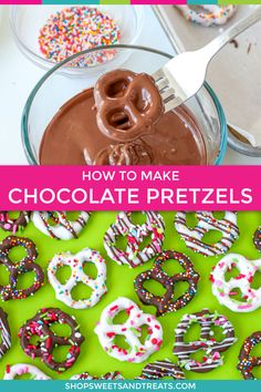 chocolate pretzels with sprinkles and frosting in bowls on a table