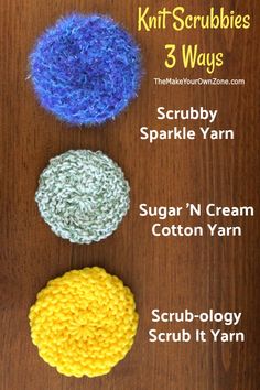 three crochet scrubbies on a table with text overlay that says, 3 ways