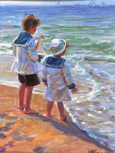 two children are standing on the beach looking at the water