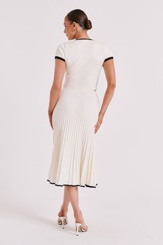 Jolene Contrast Rib Knit Midi Skirt - White - MESHKI U.S Day To Night Dresses, Knit Midi Skirt, Skirt White, Knit Midi, Knit Skirt, Contrast Trim, White Skirts, Capsule Wardrobe, Midi Length