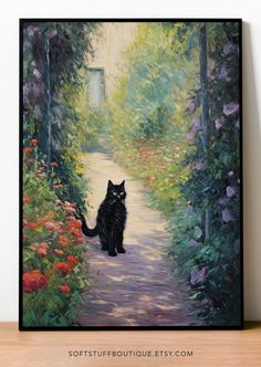 a painting of a black cat walking down a path in the woods with flowers on either side