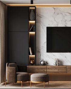 a modern living room with marble walls and black entertainment center, built in bookshelves