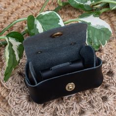 a black leather case sitting on top of a rug next to a plant with green leaves