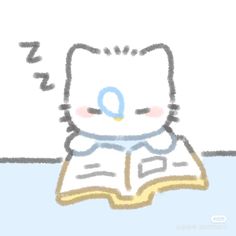 a drawing of a hello kitty reading a book with the letter q on it's face