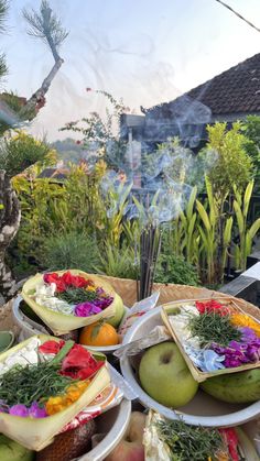 there are many plates that have food on them in front of some plants and trees