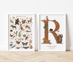 two children's wall art prints featuring animals and the letter r in orange, white, and brown