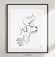 a black and white drawing of a woman with a dog in her lap next to a wall