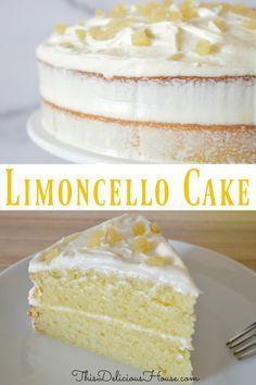 a slice of lemoncello cake on a plate with the rest of the cake in the background