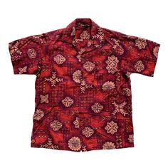 "Vintage 1970s 70s Red / Orange Tiki Style Hawaiian Aloha Shirt Mens Size M Medium Condition: This item is in great pre-owned condition. Material: Cotton Size: There is no size tag but this item fits like a Mens Size Medium Please refer to measurements for exact fit. Measures: Chest (armpit to armpit): 22\" Sleeve (shoulder to sleeve end): 9\" Length (back neck seam to bottom): 27\" Note: Pre-owned items may have minor imperfections, we do our best to represent each piece with high quality pictu Cheap Red Retro Hawaiian Shirt, Red Retro Hawaiian Shirt For Vacation, Retro Red Hawaiian Shirt For Vacation, Red Retro Beach Shirt, Retro Red Shirt For Vacation, Retro Red Beach Shirt, Vintage Red Camp Shirt With Camp Collar, Retro Red Vacation Shirt, Red Retro Shirt With Camp Collar