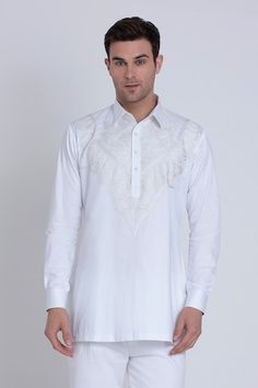 White shirt with resham patchwork embroidery in geometric pattern. - Aza Fashions White Cotton Tops For Eid, Traditional White Shirt With Chikankari Embroidery, Traditional Cotton Shirt For Eid, Fitted Cotton Shirt With Resham Embroidery, Festive White Cotton Shirt, Long Sleeve Cotton Shirt With Geometric Embroidery, Long Sleeve Cotton Kurta With Geometric Embroidery, White Cotton Shirt With Chikankari Embroidery, Cotton Kurta With Geometric Embroidery And Long Sleeves