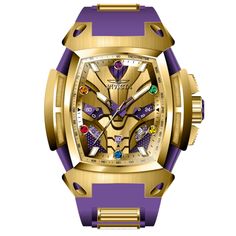 This impressive Invicta Marvel watch features a precise Quartz movement as well as a purple, gold case. Its gold, metal dial is enclosed by a highly protective Flame Fusion Crystal. This watch is finished by a strong purple, gold, silicone, stainless steel band, and it offers 100 m water resistance. In collaboration with Marvel Studios, this masterful collection is comprised of famed superheroes and villains straight from the iconic comic books and motion pictures. Driven by exceptional engineer Purple Chronograph Watch Accessories With Round Dial, Modern Purple Watch With Round Dial, Gold Digital Watch With Subdials, Purple Analog Watch, Purple Quartz Watch Accessory With Round Dial, Gold Chronograph Watch With Rectangular Dial, Marvel Thanos, Superheroes And Villains, Thanos Marvel