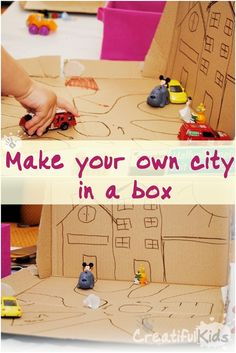 a cardboard box with toys in it and the words make your own city in a box